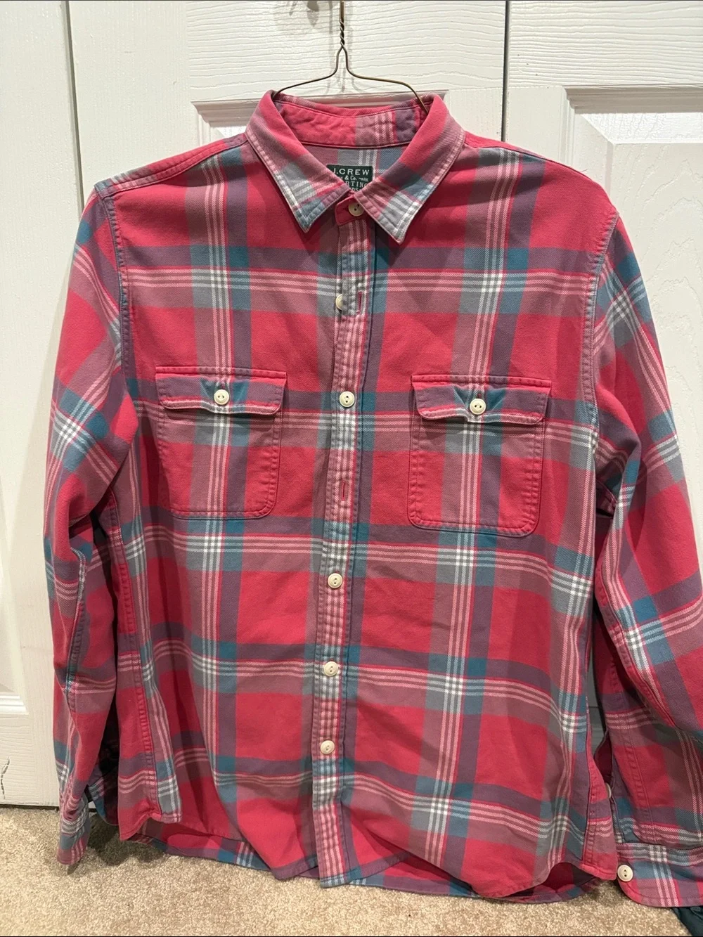 J. Crew Men's Vintage Red and Blue Flannel Button-Down Shirt